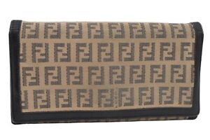 Authentic FENDI Vintage Zucchino Long Wallet Purse Canvas Leather Beige 0128J
