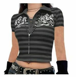 Hot Gothic stripe grunge women's Y2K fairycore cute blouse T-shirt