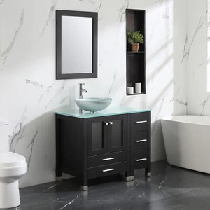 Bathroom Vanity 36" Plywood Cabinet Single Glass Vessel Sink Faucet&Drain Set - Picture 1 of 10