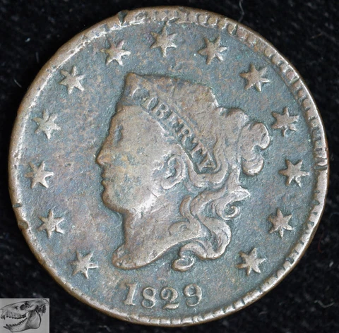1829 Coronet Head Large Cent, N-3 Small Letters, Good+ Detail, Slight Bend C6294 Cover