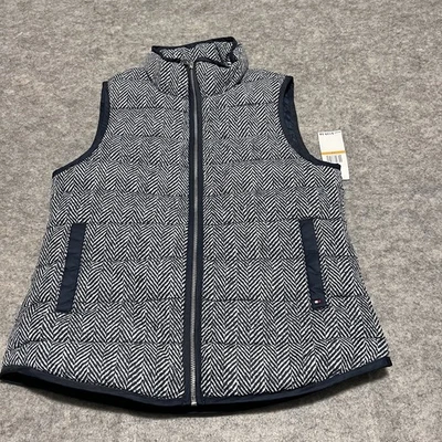 Tommy Hilfiger Women’s Blue/White Quilt Herringbone SMALL Puffer Vest Jacket NWT - Image 1 of 4