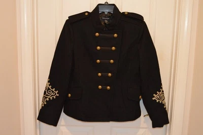 Boston Proper Black Wool Blend Gold Embellished Military Style Jacket Womens L - Image 1 of 4