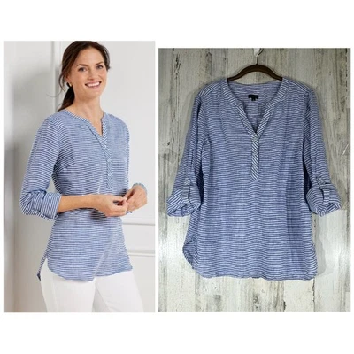 Talbots Linen Striped Henley Popover Tunic Size Large Blue White Roll Tab Sleeve - Image 1 of 4
