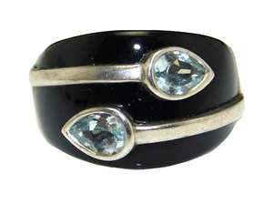 Anillo de banda cúpula de ónix negro y topacio azul firmado por diseñador de plata esterlina 925 - Imagen 1 de 10