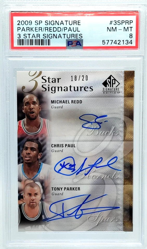 PSA 8 /20 Chris PAUL Tony PARKER Michael REDD Auto 2009-10 UD SP 3 Autograph SP - Image 1 of 2
