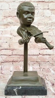 Escultura de niño de bronce tocando violín - Busto musical sobre base de mármol Foto 1 de 4