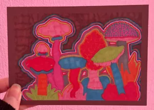 Art Postcard - A6 Size, Mushrooms, Small Outsider Print, Home Decor, Art Brut - Picture 1 of 5
