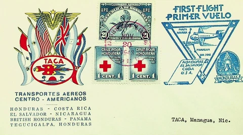 HONDURAS 1943 WWII TACA AIRWAYS FFC TO MIAMI FL. USA W/ RED CROSS PAIR + 21c Cover