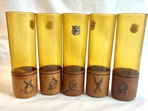 5 MCM Leather Wrapped Amber glass Highball Tumbler Collins VTG 7.5” Embossed - Picture 1 of 6