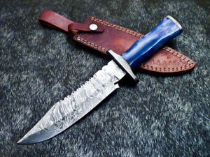 Authentic HAND FORGED DAMASCUS BOWIE HUNTING KNIFE - STAINED BONE - FR-7240
