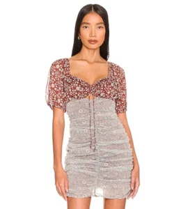 NWT Free People Tessa Floral Print Ruched Dress Brown Light Blue Size S - Picture 1 of 15