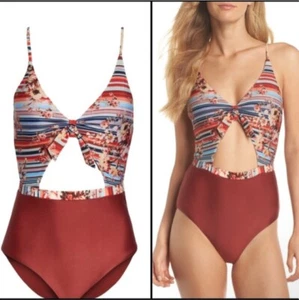BCA Rebecca Virtue One Piece Cut Out Swimsuit XL Floral Striped Tie Back Beach - Picture 1 of 12