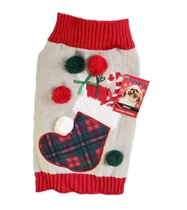 SimplyDog Gray Pom Pom Plaid Stocking Holiday Christmas Dog Sweater Size Small S - Picture 1 of 15