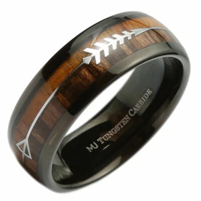 Alianza de boda con flecha de carburo de tungsteno enchapada en negro de madera de koa y pera de 6 mm Foto 1 de 4