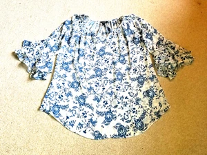 NWOT Womens Top-CHAPS RALPH LAUREN-blue/white floral silky sheer tunic flutter-L - Picture 1 of 4