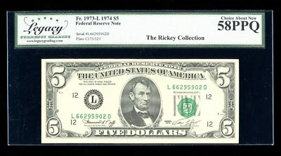 DBR 1974 $5 FRN San Francisco Fr. 1973-L Legacy 58 PPQ Serial L66295902D - Image 1 of 2