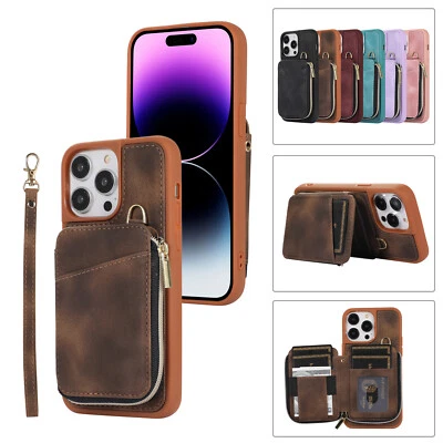 Funda Bandolera Cartera de Cuero con Cremallera para iPhone 15 Pro Max 14 13 12 11 Foto 1 de 4