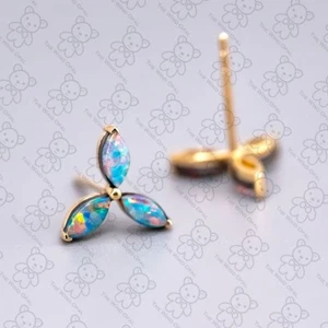 Three Stone Marquise Australian Doublet Opal Stud Earrings 18K Yellow Gold - Picture 1 of 5