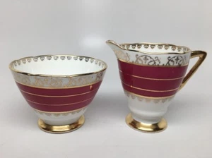 Vtg ROYAL STAFFORD Scalloped CREAMER & OPEN SUGAR - 3 RED BANDS, GOLD GILT TRIM  - Picture 1 of 7