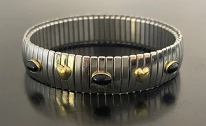 ZOPPINI STEEL 750/18K GOLD ONYX HEART CABOCHONS STRETCHABLE BRACELET - Picture 1 of 4