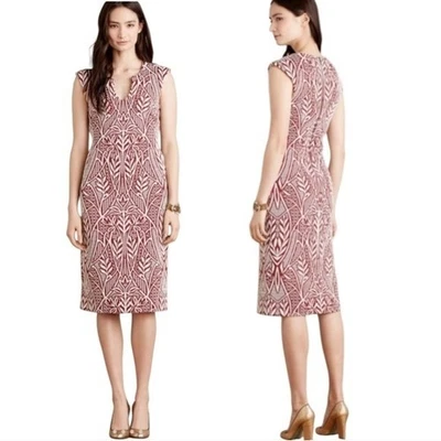 Anthropologie HD in Paris Jacquard Print Sheath Dress Bodycon Red Ivory - Image 1 of 4