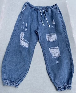 Oversized Jogger Jeans 3XL Blue Ladies High Rise Distressed Skater Elastic Waist - Picture 1 of 8