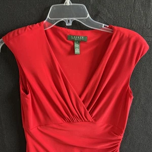 Lauren Ralph Lauren Dress Womans 4 Red Cocktail Midi V-Neck Chic Elegant Ruched - Picture 1 of 8
