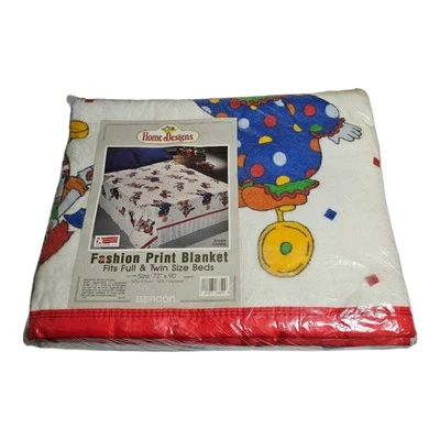 VTG Beacon Fashion Print Blanket Happy Clown Full/Twin Satin Trim NOS - READ - Image 1 of 4
