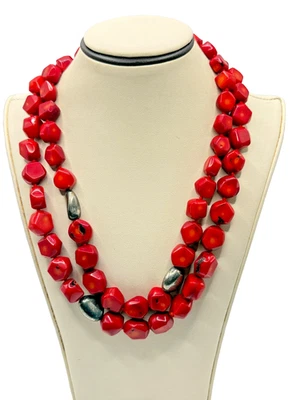 Коренастый красный бусина заявление ожерелье двойной прядь смелый племенной стиль ювелирных изделий - Изображение 1 из 4