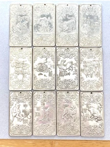 Old Chinese Tibetan Thangka "12 Old Zodiac" Silver Amulets - Set of 12 - Picture 1 of 2