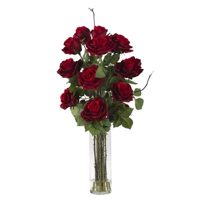 Nearly Natural Roses with Cylinder Vase Silk Flower Arrangement - Image 1 of 2