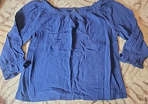Lands’ End Off the Shoulder Gauze 3/4 Sleeve Top Deep Sea Navy Blue Medium - Picture 1 of 9