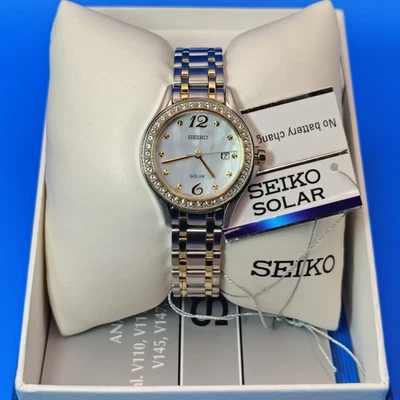 New Vintage Seiko Solar Mother of Pearl Women's Quartz Watch Swarovski Crystal  - Image 1 of 4