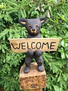Chainsaw Carved Welcome Bear Wood Carving Bears Sculpture Statue Rustic Home... - Picture 1 of 19