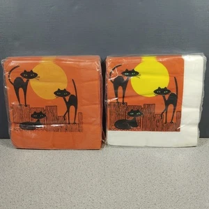 2 Confezioni NUOVE! NOS Tovaglioli Halloween Vintage Futura 7"x7" Gatto Nero Arancione e Bianco - Foto 1 di 13