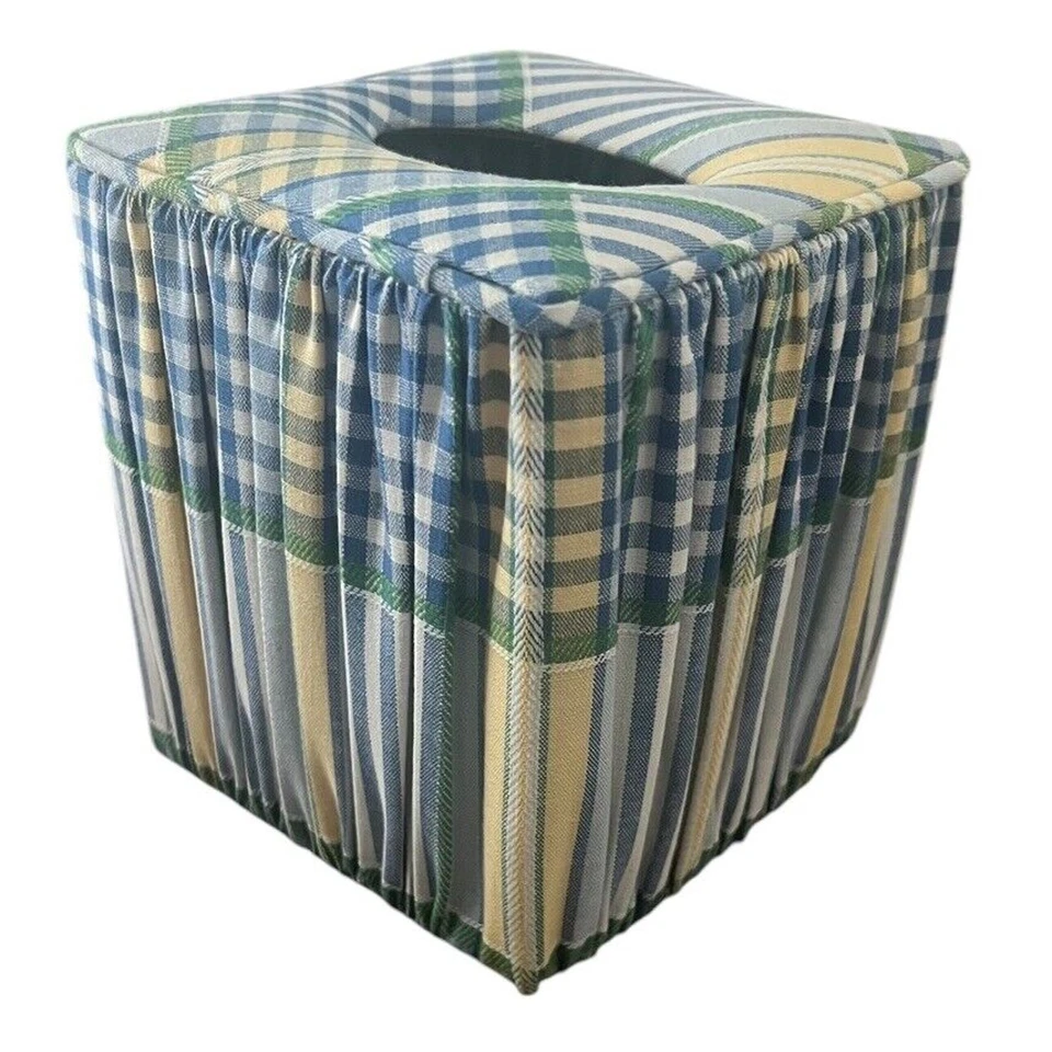 Cubierta de caja de pañuelos vintage tela azul y amarilla estampado de guinga usada en excelente estado Waverly?? Foto 1 de 4