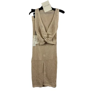 Freshman 1996 beige Häkel Strick Maxirock & bauchfreies Oberteil 2-teiliges Set Small neutral - Bild 1 von 11
