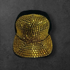 Gold Plastic Sequin Bling on black snapback flat brim cap hat - Picture 1 of 9