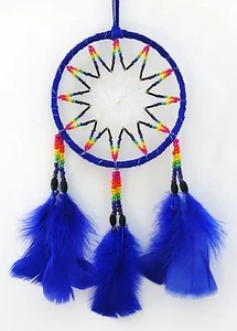 Atrapasueños D = 11,0 cm cuentas azul atrapasueños, plumas occidentales indias, decoración - Imagen 1 de 1