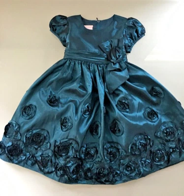 Usado en Excelente Condición Vestido de Tafetán Navidad Roseta Verde Teal Iris and Ivy Talla 4T Foto 1 de 3