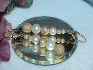 14K 6 Pearl 6 Gold Granulated Beads Lever Back Dangle Earrings New  - Picture 1 of 9