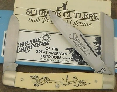 CUCHILLO SCHRADE SCRIMSHAW EE. UU. ACERO AL CARBONO 1979 LIGHT HOUSE & GULLS STOCKMAN SC505 Foto 1 de 4