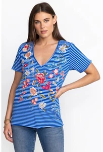 Johnny Was Catalina Everyday Tee ~ Sz Small ~ Blue Stripe W/Floral Embroidery - Picture 1 of 5