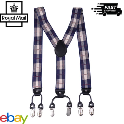 MENS BRACES Y SHAPE HEAVY DUTY 35MM WIDE SUSPENDERS BUTTON BRACES RETRO PLAID UK - Image 1 of 4