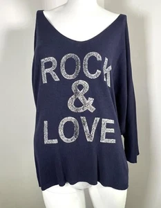 GIGI MODA ROCK & LOVE BLUE KNIT SWEATER, WOOL BLEND, SILVER METALLIC LETTERS O/S - Picture 1 of 2