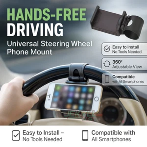Tenedor De Teléfono Celular Para Volante Auto Soporte De Smartphone Para Coche - Picture 1 of 14