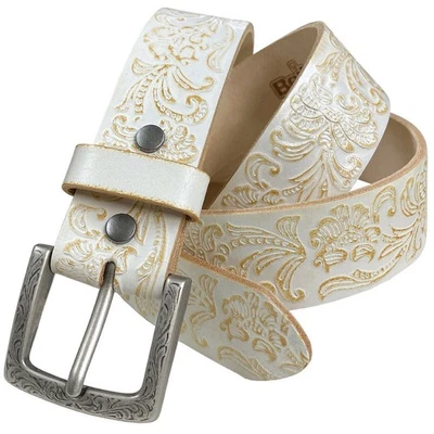 Cinturón floral en relieve de cuero genuino de una pieza para mujer de 1-1/2" de ancho negro marrón Foto 1 de 4