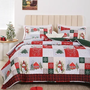 Christmas Quilt Set King Size - Patchwork Bedding with Wreaths and Snowman, L... - Picture 1 of 9