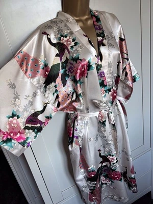 Oriental Village Silk Collection Kimono Robe One Size Gold Satin Peacocks Belted - Image 1 of 4