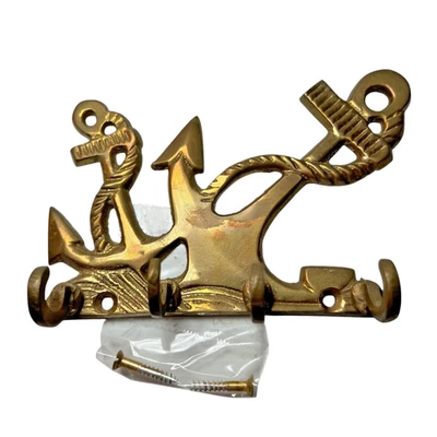 Gancho de pared de latón macizo con 4 llaves anclajes náuticos y cuerdas 5” x 3 1/2” con herrajes Foto 1 de 4